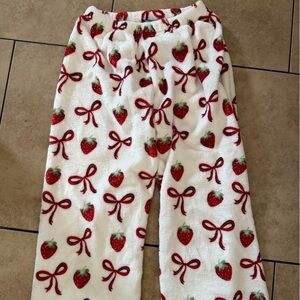 Cozy White Fleece Pajama Pants with Red Strawberry & Bow Print